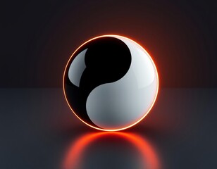 The yin yang symbol as a glass 3D sphere shows a round reflection of the solar eclipse in space
