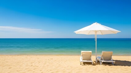 Fototapeta premium Serene White Lounge Chairs under Beach Umbrella Paradise