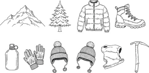 Winter hiking gear and mountain equipment illustration with boots, jacket, gloves, hat, and tools, cad drawing flat vector illustration