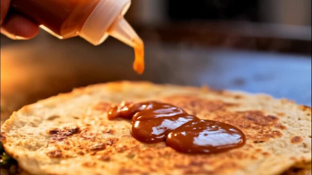 Close up view of caramel sauce being drizzled on a freshly cooked crepe