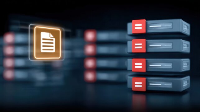 Enterprise office with servers optimizing database and paperwork workflow for smooth publish