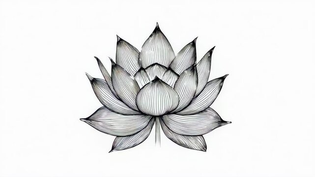 Elegant Lotus Flower Line Art: Detailed Botanical Illustration on White Background