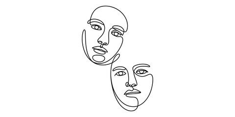 Minimalist continuous line art drawing of two faces, abstract portrait