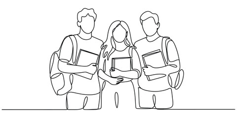 One line drawing of three students with backpacks and books © Bilas