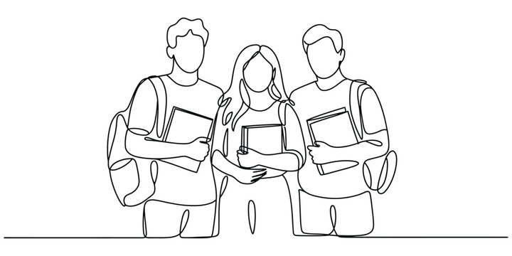 One line drawing of three students with backpacks and books