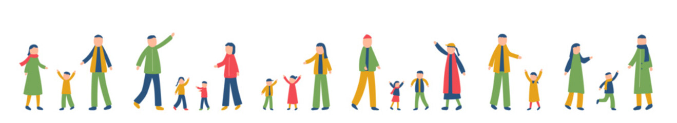 冬を過ごす家族のイラストセット