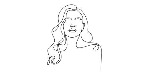 Minimalist continuous line drawing of a woman with wavy hair