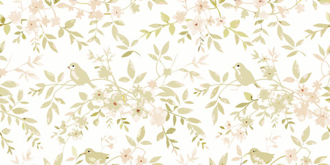 Delicate floral pattern featuring small birds perched on blossoming branches