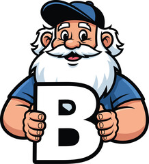 Obraz premium Friendly cartoon mascot of an old man with a white beard and blue cap smiling while holding a large letter B.