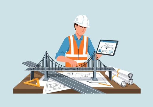 Engineer with bridge model and plans using tablet for construction project.