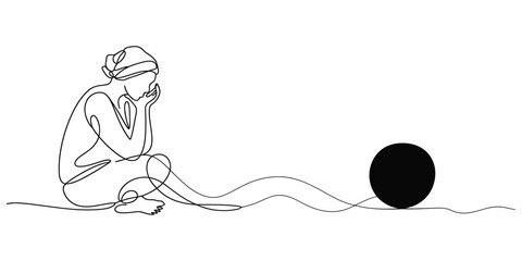 One line drawing of woman sitting with ball on