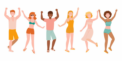 Diverse group of people celebrating with arms raised in a joyful moment