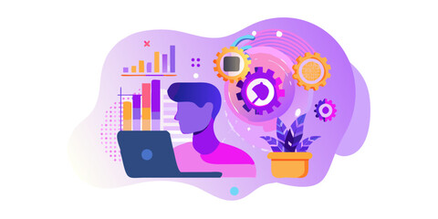 Digital transformation concept with a person working on a laptop and data analysis