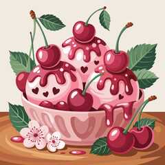 Delicious pink cherry ice cream sundae with fresh cherries and blossoms