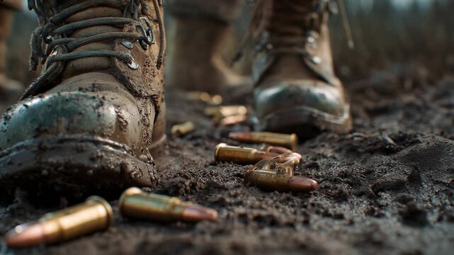 Military boot stepping on spent ammunition in dirt