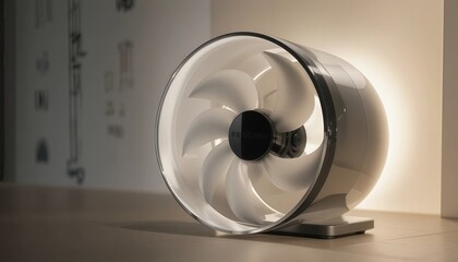 Modern white circular electric fan on wooden table close up