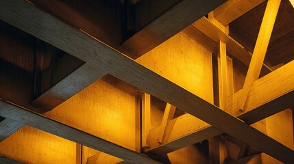 Fototapeta premium girder. Architectural close-up of steel beams forming geometric patterns under industrial yellow lighting. real-estate listings.