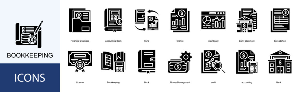 Bookkeeping icon collection set. Containing Financial Database, Accounting Book, Sync, finance, dashboard, Bank Statement icon