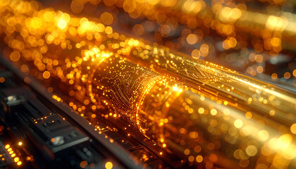 Illuminating Pipelines: An evocative artistic rendering of intricate golden pipes, adorned with radiant particles that suggest the energy, connectivity, and technological advancement.