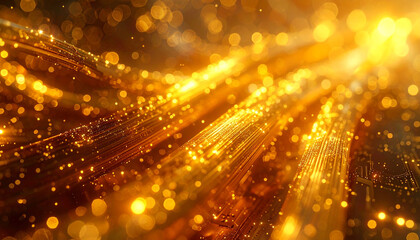 Golden Data Flow: Abstract depiction of digital innovation, visualizing a cascade of golden data streams merging and expanding, symbolizing connectivity, information, and technological progress. 