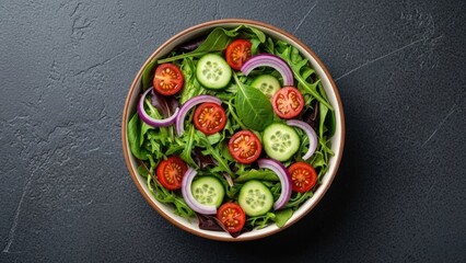 A vibrant and fresh salad in a bowl, featuring cherry tomatoes, cucumber slices, and red onion rings on a bed of mixed greens.