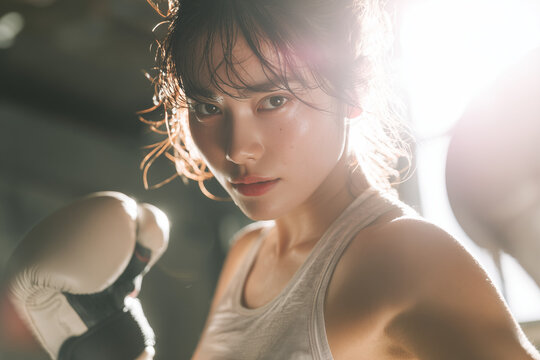 ボクシングジムのイメージ・ボクシングジムでトレーニングする若い女性のダイエットシーン