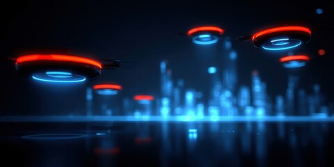 A futuristic sky terrace where intelligent drones display visual markers outlining program complexity helping officers review a logistical issue via airborne interaction