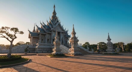 A grand, light-gray temple complex, bathed in the soft glow of sunrise