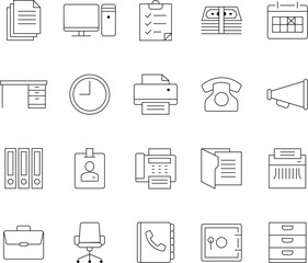 A set of minimalist line icons representing various office supplies, with editable strokes for easy customization and scalability.
