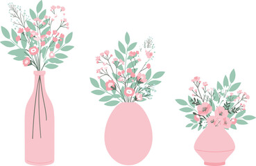 Minimalist Vector Flower Arrangement Set Featuring Delicate Pink Blooms and Mint Green Foliage in Various Simple Pink Vases for Spring, Decorative, and Feminine Design
