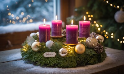 Advent wreath with four purple candles, adorned with Christmas ornaments and lights, sits on a wooden surface near a snowy window