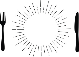 Minimalist Vector Design of Black Cutlery (Fork and Knife) with Central Sunburst Starburst Ray Circle Placeholder, Perfect for Restaurant Menu Covers and Food Service Branding