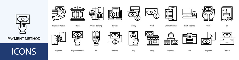 payment method icon collection set. Containing Bank, Online Banking, Invoice, Money, Cash, Online Payment icon