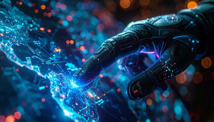Digital Touch Connection: A futuristic robotic hand interacts with a network of digital data, symbolizing the convergence of technology and human interaction in a vibrant, artistic depiction.