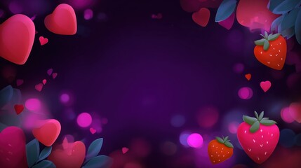 A vibrant, colorful illustration featuring strawberries and hearts against a dark purple background, ideal for romantic or playful themes.