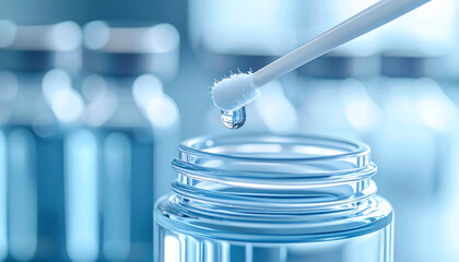 Laboratory Droplet: A macro shot showcasing a close-up of a cotton swab, poised above a vial of liquid. a precise moment of scientific exploration.