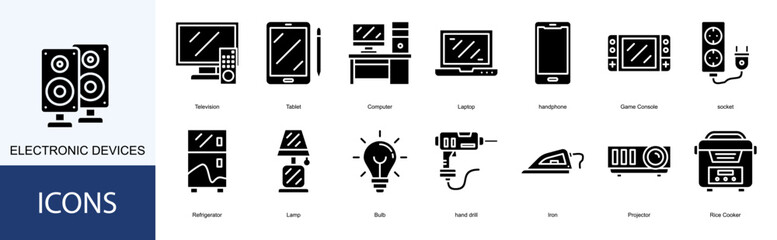 Fototapeta premium Electronic Devices icon collection set. Containing Television, Tablet, Computer, Laptop, handphone icon