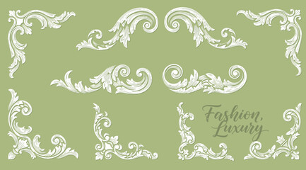 Floral decorative vector elements set, rococo and baroque style, vintage royal details. Collection of ornate baroque decorative elements