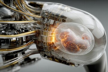 A sleek metallic robotic torso reveals a glowing transparent panel where a stylized infant form develops in liquid, highlighting futuristic reproductive technology.