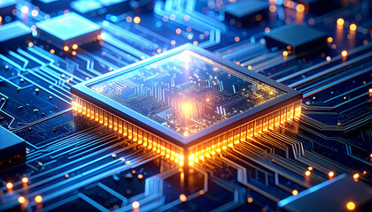 Glowing Processor Chip: Highlighting the core of technology, a radiant processor chip pulses with electric currents, showcasing the power of data processing and modern computing.