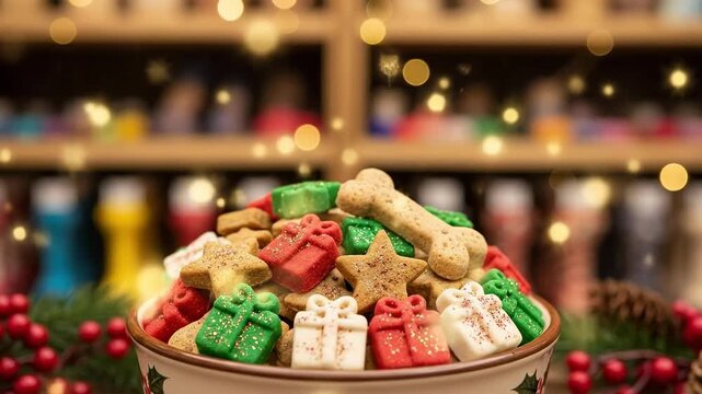 A Festive Display of Colorful Holiday Treats for Pets: Christmas-Themed Cookies Shaped Like Presents and Bones Inside a Decorative Bowl with a Backdrop of Soft Lights