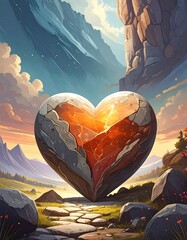 Stone heart erupts with molten gold, framed by mountains and sky