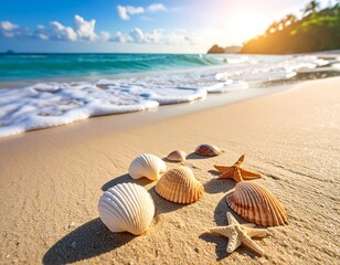 Obraz premium Sunny beach scene with seashells on sand, waves, blue ocean, and clear sky
