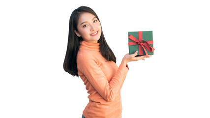 Happy Asian woman holding red shopping bags and gift box for Christmas and New Year holiday shopping.