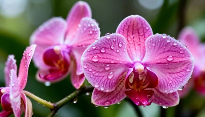 Close-up of vibrant pink orchid flower with water droplets on petals, artistic macro shot emphasizing beauty, freshness, and delicate nature suitable for botanical, floral, and nature themes