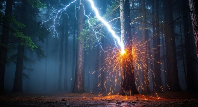 Powerful lightning bolt striking a tree in a dark forest during a thunderstorm