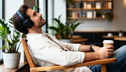 Relaxed young man enjoying music with headphones while sitting in cozy cafe with plants and books in the background