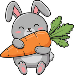 Cute bunny hugging carrot, happy cartoon rabbit illustration, adorable animal design for kids, vegetable art concept, cad drawing flat vector illustration