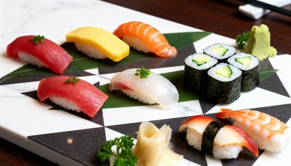 Assorted Japanese Sushi Platter with Fresh Fish Vegetables and Garnishes on Elegant Serving Tray