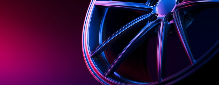Dynamic Rim: The image highlights a modern car rim, crafted from premium materials. Set against a backdrop of deep red and blue, the rim gleams, capturing the essence of automotive design. 